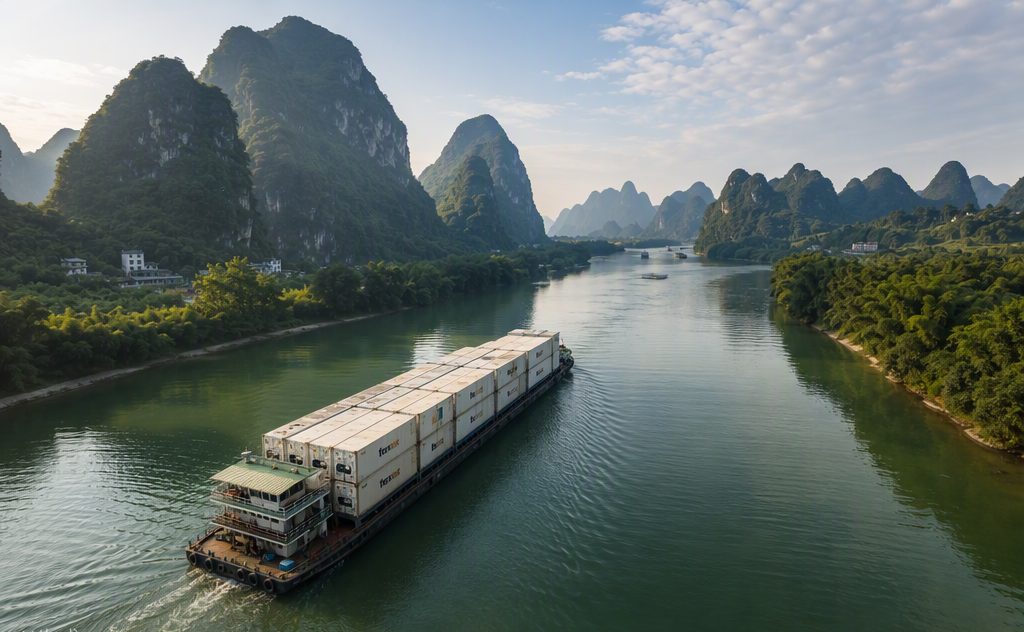 A river barge loaded with reefer containers on an inland waterway