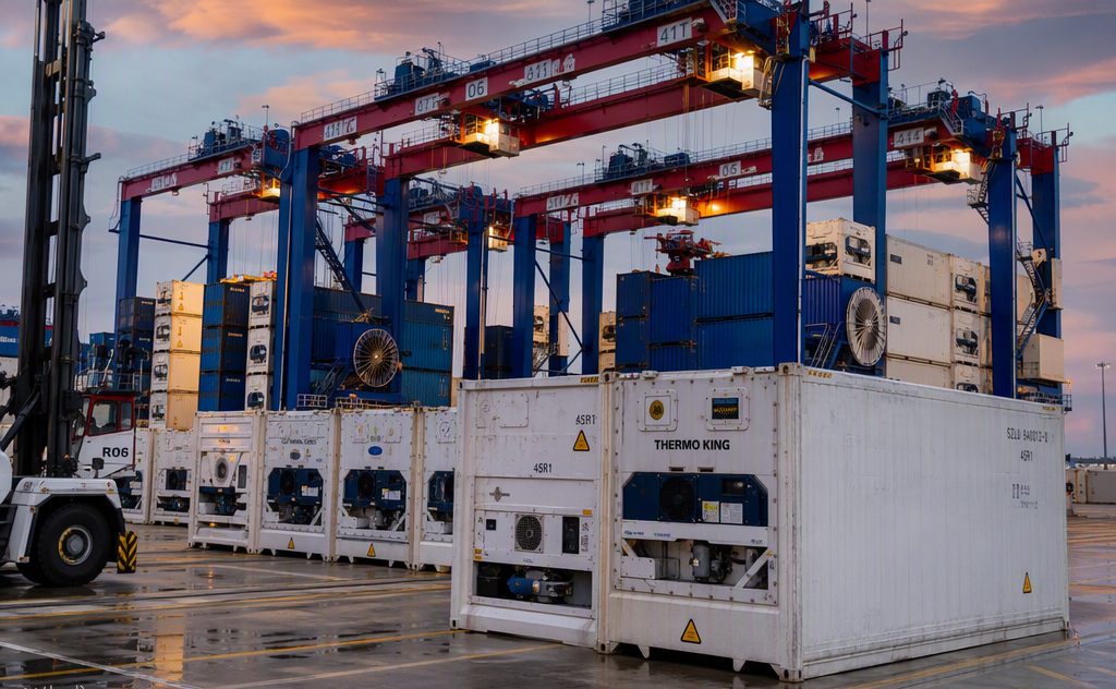 Reefer containers being handled at a Chinese container port