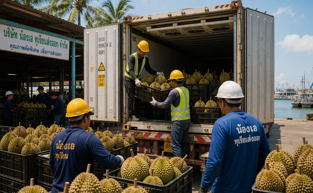Thai durians being loaded into reefer containers
